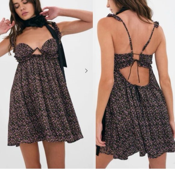 NWT FOR LOVE AND LEMONS COLEEN FLORAL PRINT SLEEVELESS BLACK MINI DRESS SIZE S - Picture 2 of 6